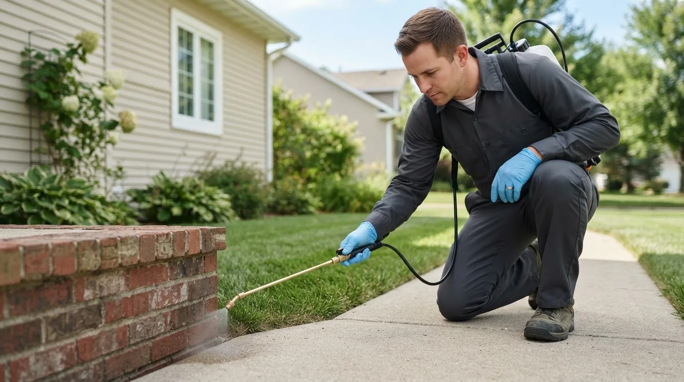 Pest control technician treating a home near Shawneetown, IL